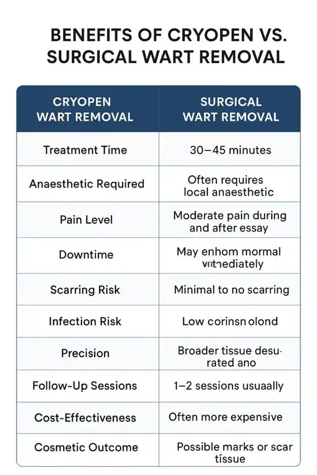 Table showing the benefits of cryopen to remove warts Chinnor compared to surgical treatment